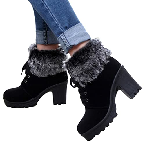 ticticlily Bottes pour Femmes Talons Épais Talons Hauts Bottes Courtes Bottines Nues Talon carré Loisirs Neige Semelles Épaisses D Noir 39 EU Cover