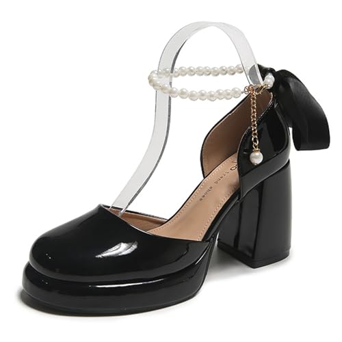 Women's Platform Chunky Heels Closed Round Toe Pumps with Bow Pearl Ankle Strap Fashion Sexy Party Banquet Dress Pumps