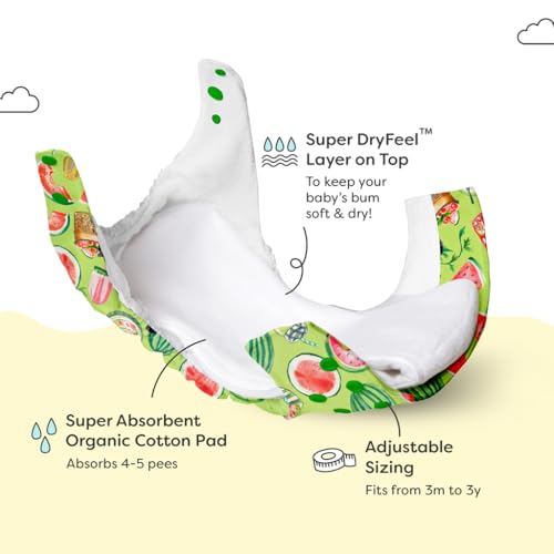 Image of SuperBottoms UNO Freesize Premium Cloth Diaper for babies (3m-3y) + Organic Cotton Pad | Washable & Reusable 300+ Times | Superior Absorption | Waterproof | Super Soft & Gentle - Melon splash