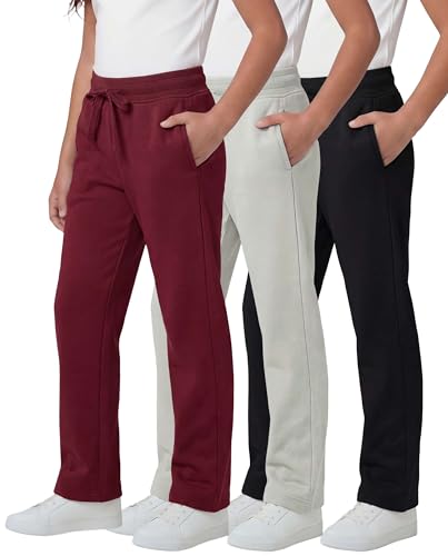 Image of Real Essentials 3 Pack: Girls' Fleece Open Bottom Soft Athletic Performance Casual Sweatpants(Ages 7-16)