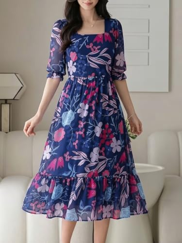 Image of SMOWKLY Women's Georgette Floral Printed Western Gown || Half Sleeve V Neck Fit & Flare Flared Hem Design || A-Line Maxi Dress Casual Wear