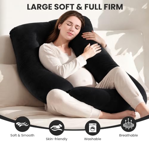 Image of Jcickt Pregnancy Pillow for Sleeping,59 inch Maternity Pillow with Removable Washable Cover,J-Shaped Velvet Full Body Pregnant Pillow -Support for Backs,Legs, Belly, HIPS, Improve Sleep-Black