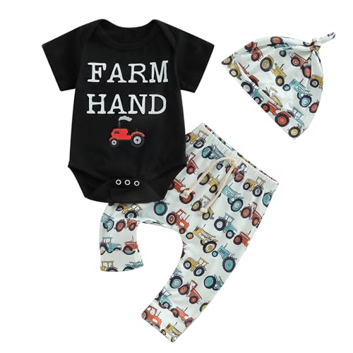 Image of SAYOO Western Newborn Baby Boys Cowboy Outfits Cow Print Letter Bodysuit+Long Leggings+Cap 3pcs Infant Boy Country Clothes