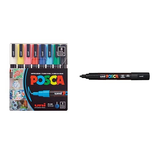 POSCA Paint Marker Pen - Fine Point - Set of 8 (PC-3M8C), Multicolor & Posca Acrylic Paint Marker, Medium, Black