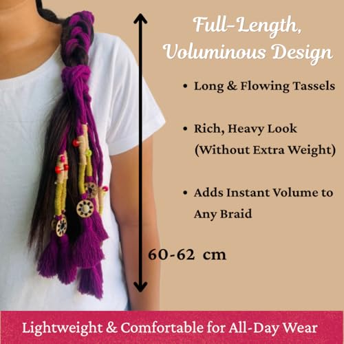 Image of Zippy Flora Neelima Cotton Parandi (Purple) | Traditional Boho Handmade Paranda Hair Accessory with Braid Tassels | Women's Ethnic Hair Extension for Choti, Braids & Patiala Shahi Hairstyles