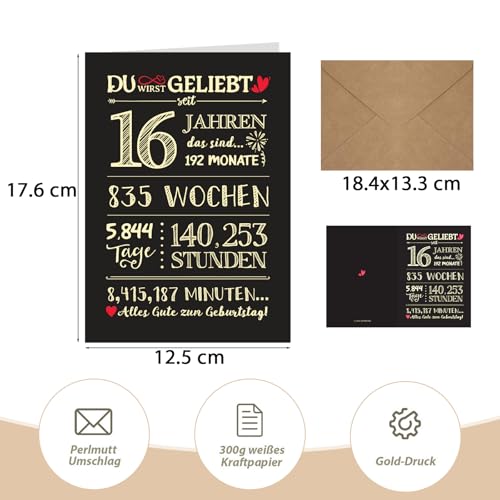 BETESSIN Geburtstagskarte 16 Jahre Junge & Mädchen - Kreative Glückwunschkarte mit Umschlag - Geburtstagskarte 16. Geburtstag - Lustige Geschenke zum 16 Geburtstag Mädchen & Jungen (Schwarz)