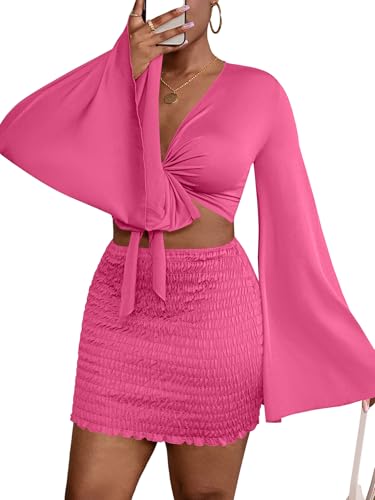 Image of LYANER Women 2 Piece Vacation Outfits Tie Knot Front Bell Long Sleeve Crop Top and Mini Skirt Summer Set