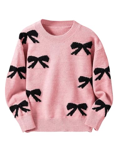 Image of BEAUDRM Girl's Cute Bow Sweater Crew Neck Long Sleeve Drop Shoulder Loose Pullover Tops