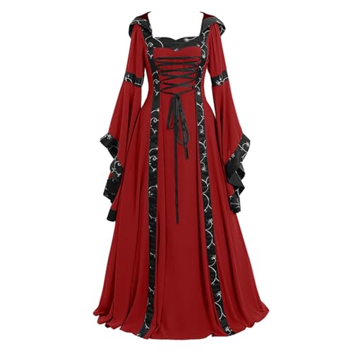 Generisch Vestido medieval para mujer, vestido de princesa retro con mangas de trompeta y color liso, estilo gótico, perfecto para carnaval y elegante