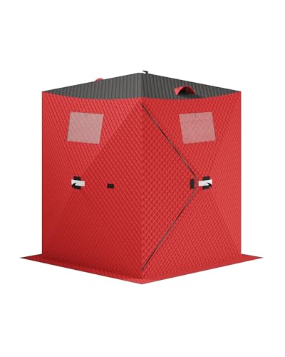 Garvee Pop-up Ice Fishing Tent for 2 Persons, Hub-Style Insulated Portable Ice Fishing Shelter with Carrying Bag, Zippered Door, Wind Rope & Anchors, Waterproof Oxford Fabric, Red