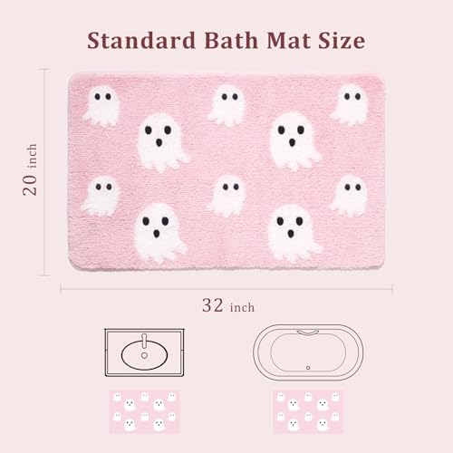 Pink Halloween Bath Mat – Cute Ghost Decor Mat Non-Slip Pink Bathroom Rug Soft Spooky Bath Rug for Shower, Bedroom, Living Room