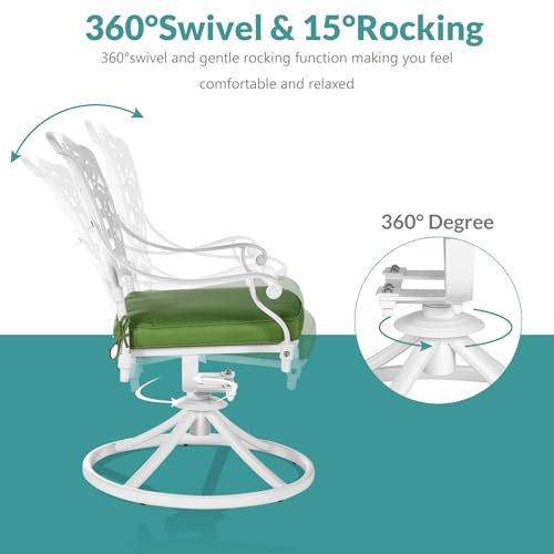 Image of MEETWARM 7-Piece Outdoor Patio Dining Set, All-Weather Cast Aluminum Patio Conversation Set with 6 Cushioned Swivel Rocker Chairs for Backyard Garden Deck, 1 Rectangular Table, White