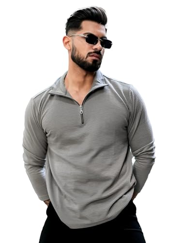 Image of KAJARU Men's Quarter Zip Pullover T-Shirt, Textured Ribbed Long Sleeve, Casual Mock Neck