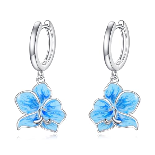 DAYLINLOVE Pendientes de orquídea de plata de ley 925 con diseño de orquídea, esmaltados, regalos para mujeres y madres