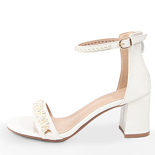 Image of Women's Heels Sandals for Women Open Toe Fashion Pearls Platform Heeled Sandals Ankle Strap Block Chunky Low Heel Pump Sandal Party Wedding Dress Shoe