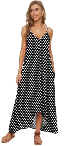 LILBETTER Women V-Neck Polka Dot Print Spaghetti Strap Boho Long Maxi Dresses