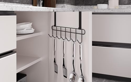 Image of Over the Door Hook Hanger Rack | Heavy Duty Multi Alloy Steel | No Drill 7 Hook Organizer | Space Saving Door Hanger for Bedroom, Bathroom, Kitchen & Home Storage - Black (Pack of 2)