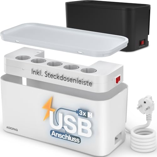 ACROPAQ Kabelbox mit Steckdosenleiste Weiß - 5-Fach Steckdose, 3X USB-A Schnellladegerät, Überspannungsschutz, 33 x 14 x 14 cm, 2500W - Kabel Organizer zum Kabel verstecken mit Verlängerungskabel 2m