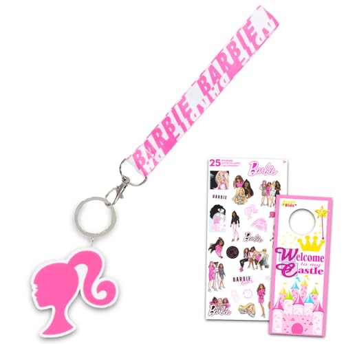 Barbie Keychain Bundle ~ Deluxe Silicone 3D Character Barbie Keyring with Strap and Charm Plus Stickers, More | Barbie Wrist Lanyard and Keychain