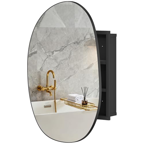 HOMCOM Espejo de baño con 3 estantes, 61 x 12 x 79 cm, Forma Irregular Mueble de baño con Espejo, Mueble de baño de Pared Que Ahorra Espacio, de Cristal, Negro