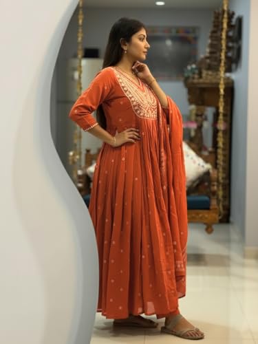 Image of ANNI Designer Women's Rayon Viscose Printed Embroidered Anarkali Kurta with Pant & Dupatta | Ethnic Kurti Set with Embroidery | Soft Comfortable Fabric | Stylish Outfit for Festive, Office