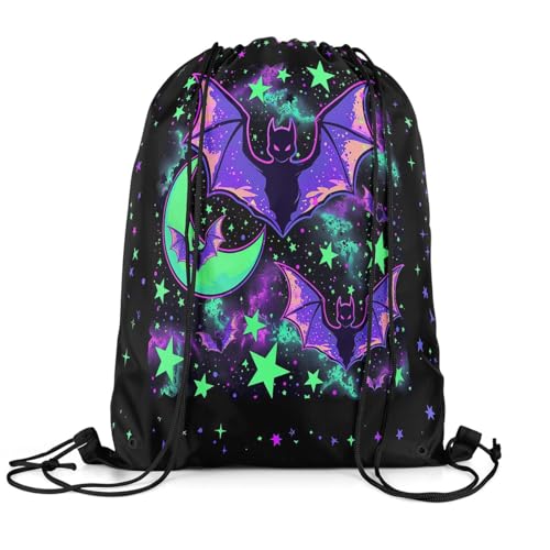 Feelyou Halloween Bats Sports Drawstring Sackpack Happy Halloween Drawstring Backpack Neon Boho Moon Galaxy Gym String Bag Purple Green Drawstring Bags3