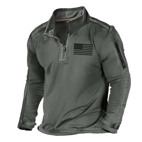 Mens Tactical Sweatshirts with No Hood Long Sleeve Stand Collar Casual 1/4 Zip American Flag Patriotic Pullover Sweater Tops