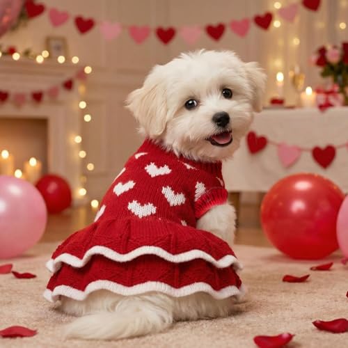 Lystaii Dog Sweater Dress Knitted Heart Sweaters Valentines Day Dog Clothes Warm Pet Christmas Outfit for Cold Weather (Red, X-Small) - Image 6