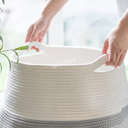 Image of GRATIFY Tall Laundry Hamper | Woven Jute Rope Dirty Clothes Hamper Modern Hamper Basket Large in Laundry Room, (Grey & White 18x 16 Inch)
