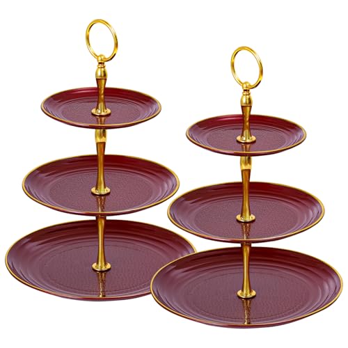 Soleebee 3-Tier Cupcake Stand, Round Plastic Tiered Serving Tray, Cup Cake Tower for Birthday Wedding Party Decoration, Cupcake Tier Stand Fruits Desserts Display 2 Pack (Burgundy Gold)