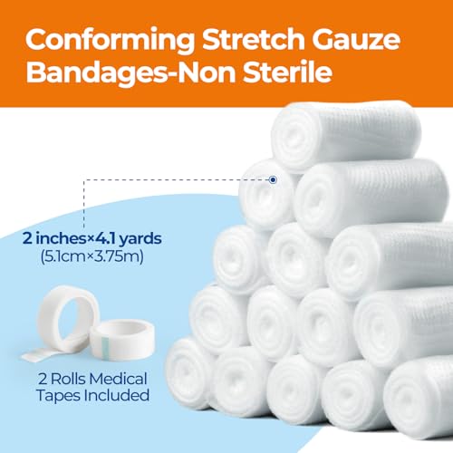 Image of Gauze Rolls Bandages 2 inch x 4.1yds, Conforming Stretch Gauze Bandage 6 Inch, 24 Rolls Individually Wrapped Includes Medical Tape