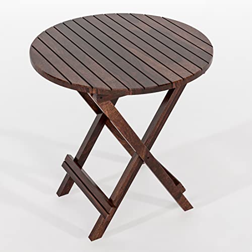 Image of Sheesham Wooden Portable Foldable 2 Seater Chair with Table Set Outdoor Balcony Garden Coffee Table Set Furniture with 1 Table and 2 Chairs Set (Coffee with Blue Cushion)