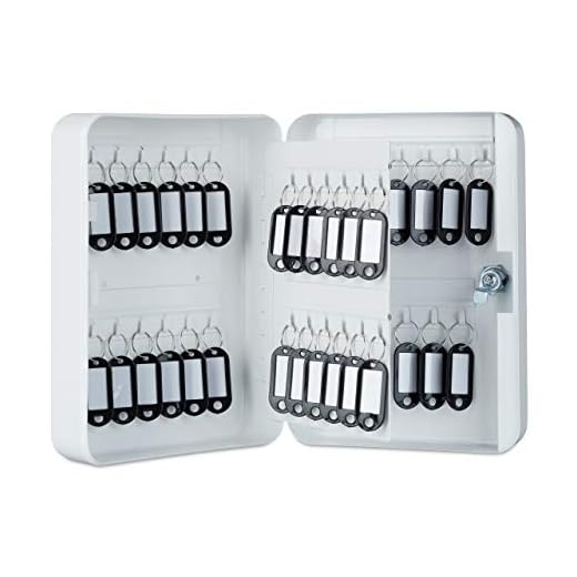 Relaxdays, Blanco, 25 x 18 x 7,5 cm Caja para Llaves con Cerradura, 48 Ganchos, con llaveros, Metal, 90% Hierro 10% plástico