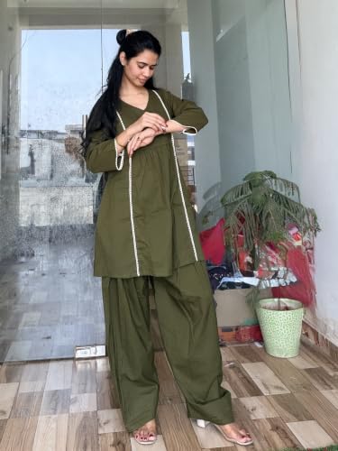 Image of Women's Cotton Farshi Salwar Suit Set | 3 /4 Sleeves, Plain Kurti