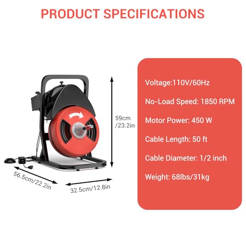 50FTx1/2 Inch Drain Cleaner Machine, Sewer Snake Electric Drain for 2" to 4" Pipes, Plumbing Snake Auger Cleaner with Wheels & 4 Cutter & Foot Switch for Sewer, Sink, Toilet, Bathroom and Shower