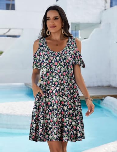 Image of JollieLovin Womens Plus Size Short Sleeve Cold Shoulder V Neck T-Shirt Dress with Pockets