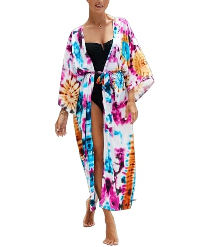 Image of Women's Kimono Cover Up Long Beach Dress Swimsuit Cover Ups Colorful Cardigan Lightweight Robe for Swimwear