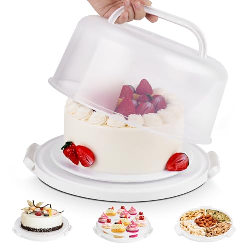 Cake Carrier with Lid and Handle, BPA-Free Cake Containers Cake Stand for 10 inch Cake with 2 Handles Cupcake Carrier - Plastic Cover Two Sided Base for Transport Pie Nuts Fruit Perfect Gifts