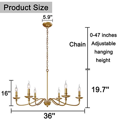 Seol SLP1902GD Light 36 Inch Dia Classic Candelabra Style Large Farmhouse Chandeliers Dining Room Light Fixture Ceiling Hanging Pendant 6 Light 240W Antique Gold Painted Finish Indoor thumb #6