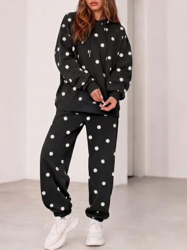 Fisoew Womens Polka Dot 2 Piece Sets Long Sleeve Hooded Tops Jogger Pants - image 4