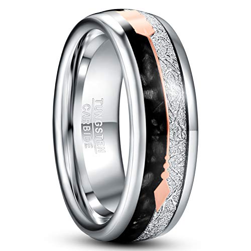 TUNGSTORY 8mm Tungsten Carbide Mens Black Agate Rings Meteorite Wedding Bands with Rose Gold Arrow Dome Style Comfort Fit Size 8