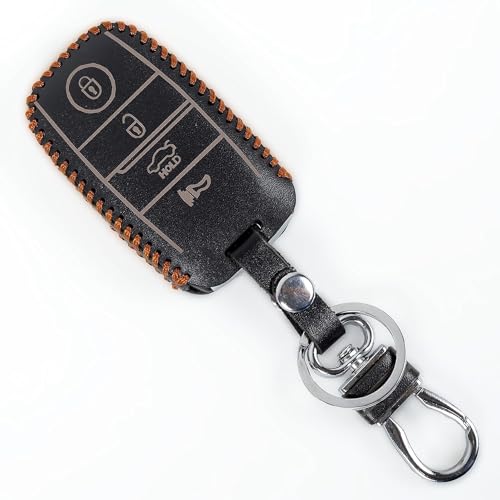 Image of Leather Smart Car Key Cover Case with Metal Hook Keychain for Kia Seltos, Carnival (Black)