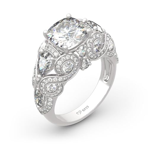 Jeulia Vintage Lace Design Cushion Cut Sterling Silver Ring Cubic Zirconia CZ Engagement Anniversary Eternity Promise Wedding Band Ring for Women