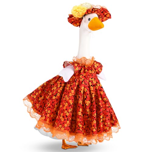 Abbylike Outdoor Statues Goose Outfit Autumn Floral Goose Dress with Wide Hat