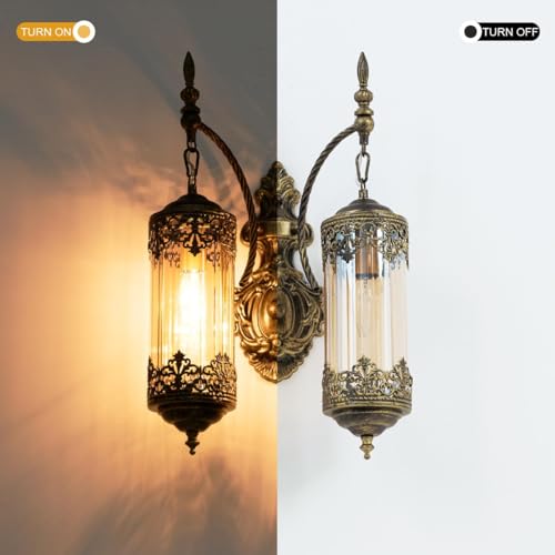 Image of Rustic Wall Sconce with Amber Glass Vintage Antique Gothic Wall Light Fixture Retro Mid Centry Lantern Wall Sconce for Bedroom, Living Room, Mirror, Brush Gold