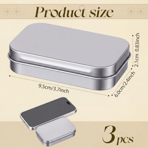 Image of Hotop 3 Pack Metal Rectangular Empty Hinged Tins 3.75 x 2.45 x 0.8 Inch Box Containers with Lids Mini Portable Box Small Storage Kit, Home Organizer (Silver)