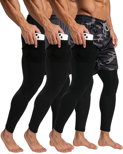 3 Pcs Men's 2 in 1 Athletic Running Pants Quick Dry Workout Compression Pants with Pockets Towel Loop