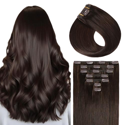 Sunya Clip in Extensions Echthaar Dunkelbraun Echthaar Extensions Clip Hair Remy Clip in Echthaar Extensions NatüRlich Glatt Haar Skin Weft 70g 14 Inch 7 Pcs With 16 Clips