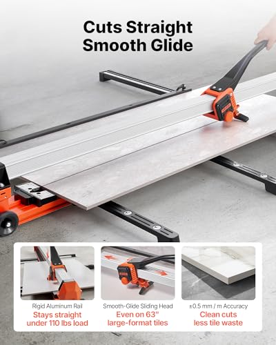 Image of VEVOR 63-Inch Manual Tile Cutter, Upgraded Rail and Sliding Head, Precision Alignment Guide, Tungsten Carbide Cutting Wheel, Support Legs with Swivel Wheels, for DIY Pros, Ceramic, Floor, Wall Tiles