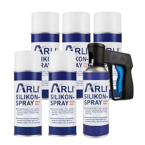 ARLI Silikonspray 6x 400ml + Pistolengriff für Sprühdosen Set Universelles Gleitmittel Trennmittel Schmiermittel Schutzmittel Gleitspray Pflegemittel Automobil Sportgeräte Handwerk Industrie